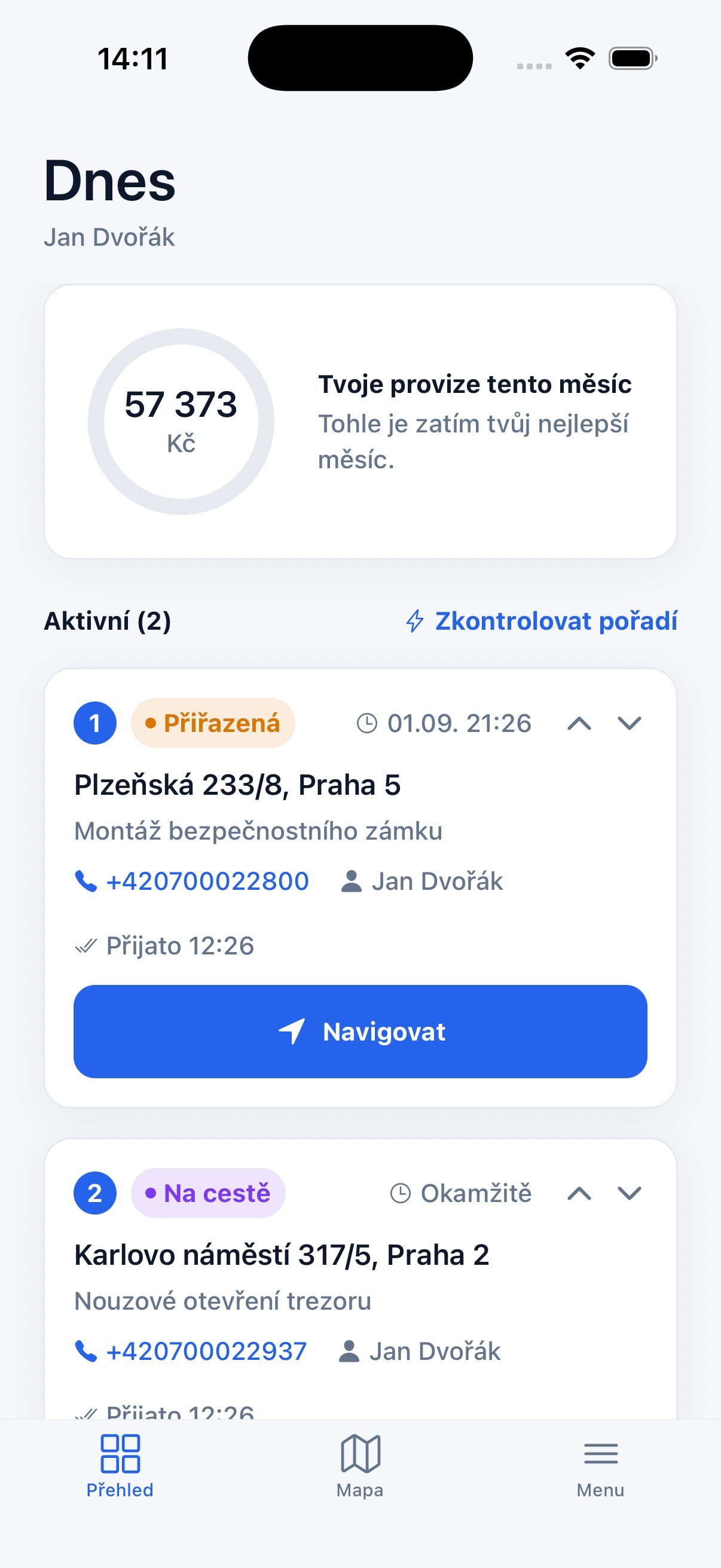 Dnešní fronta zakázek v Keyup — provize za měsíc, potvrzené převzetí a tlačítko Navigovat