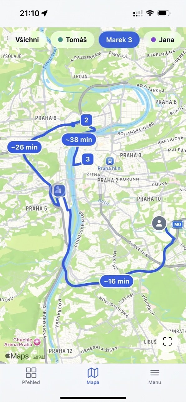 Skutečná obrazovka mapy v Keyup — trasy techniků po ulicích s ETA na každém úseku
